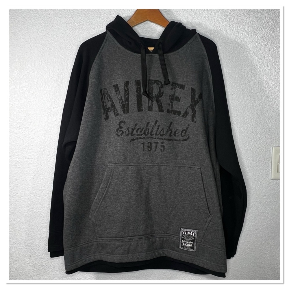 Avirex Men's Gray & Black Pullover Hoodie w/Kangaroo Pocket Cotton Blend Sz XXL